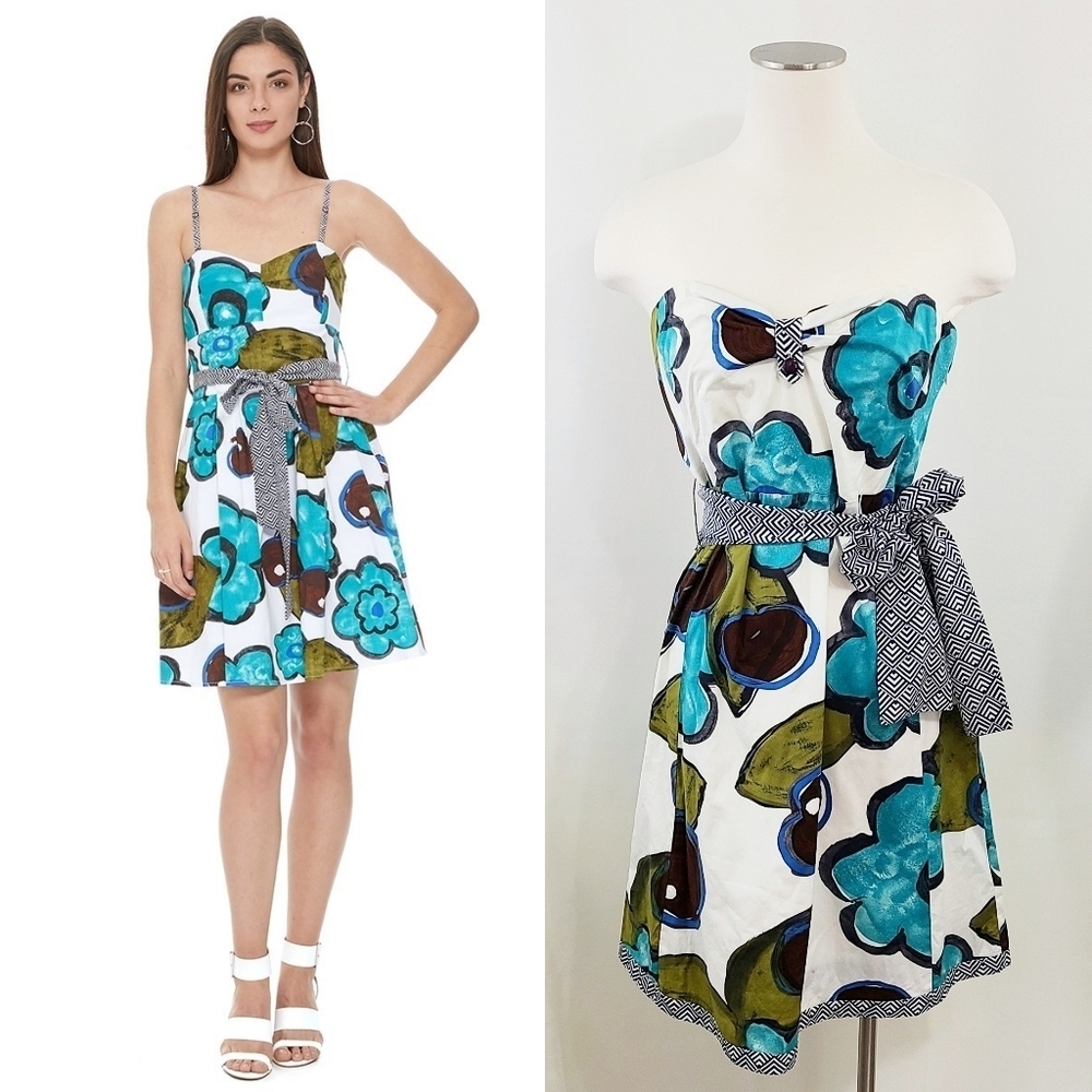Anthropologie Maeve floral mini dress teal blue green tie waist (no straps) sz 6